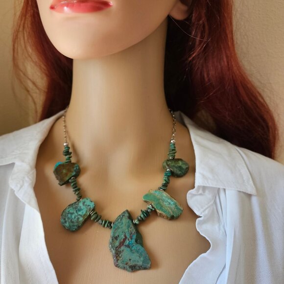 .925 Sterling Silver Turquoise Stone slab Necklace - Picture 1 of 4